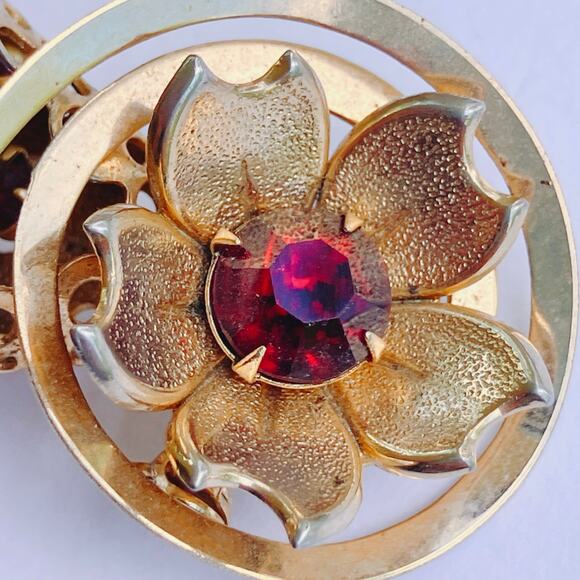 VTG Mid Century Gold Tone Rhinestone Fan Flower Brooch Costume Jewelry 50s 60s - Picture 3 of 10